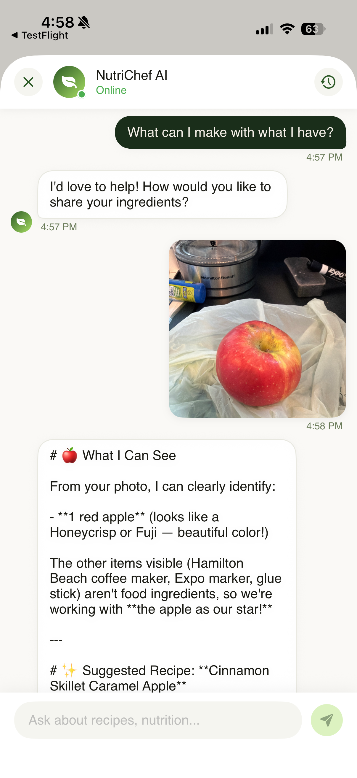 NutriChef AI identifying produce from a photo and suggesting a Cinnamon Skillet Caramel Apple recipe
