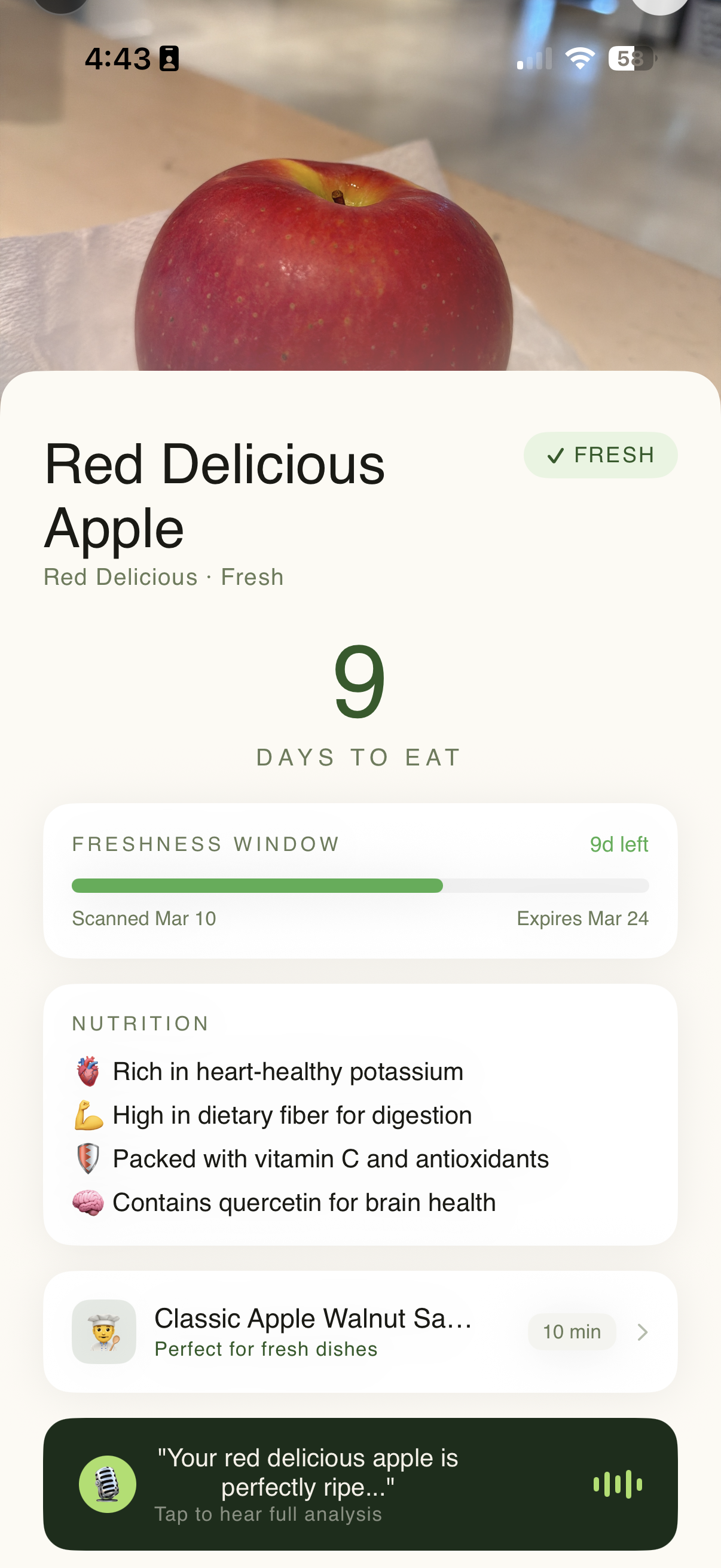 PluckAI scan results showing freshness score, nutrition, and recipes